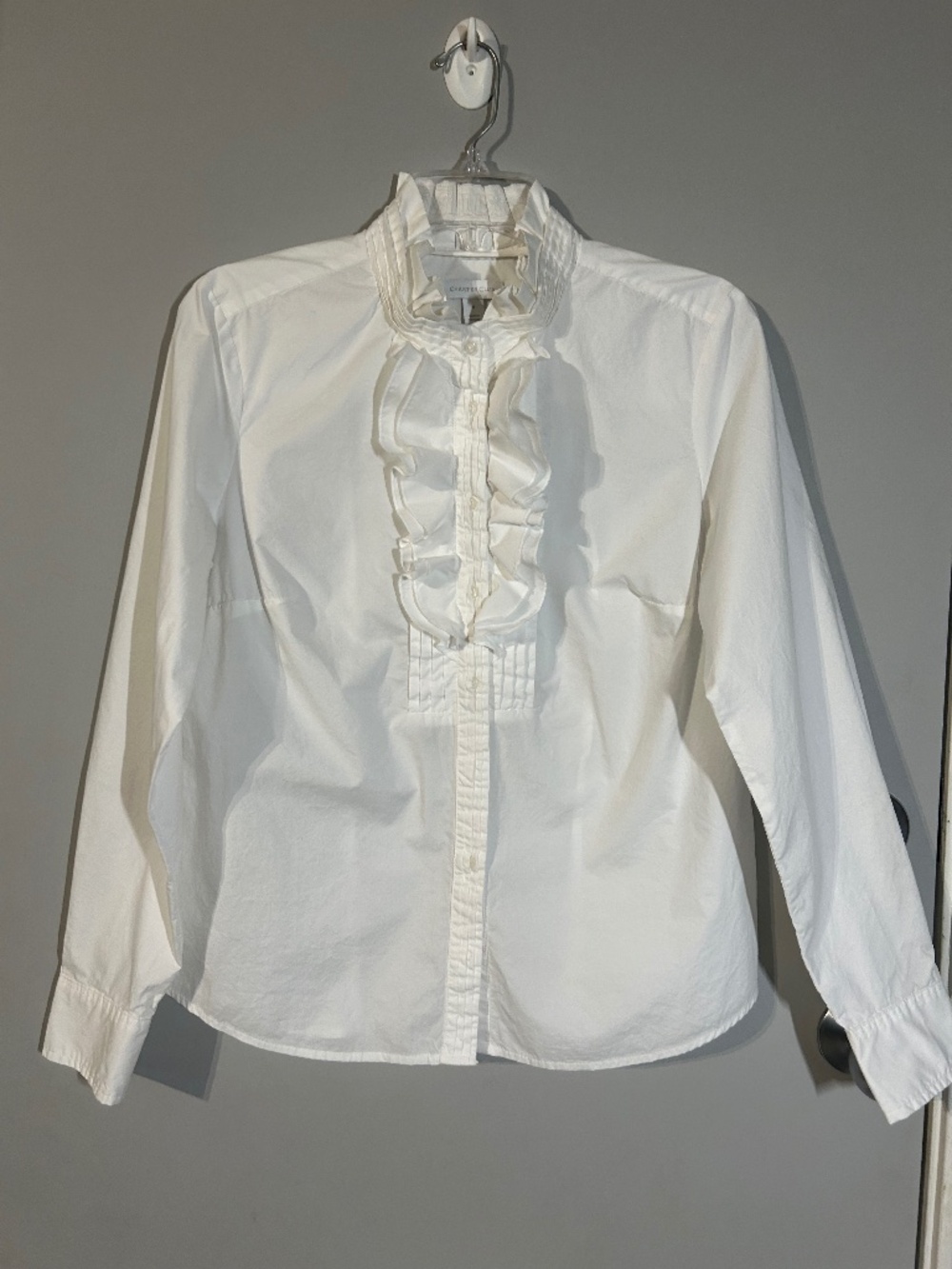 White ruffle front + collar button up shirt, pin tuck detail, romantic Edwardian